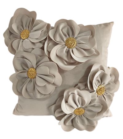 Pm 3D Floral Cushion With Gold Metal Button Ivory by Malini | Style Our Home