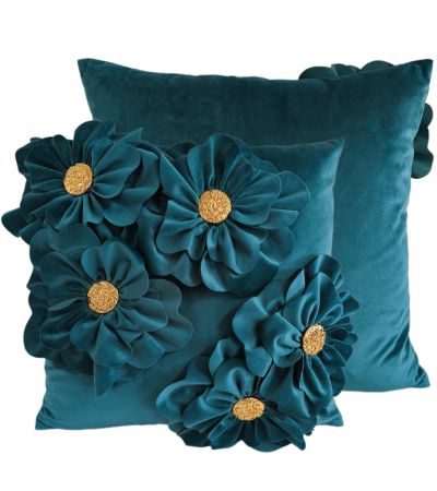 Pm 3D Floral Cushion With Gold Metal Button Teal by Malini | Style Our Home