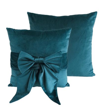 Pm Velv Cushion With Bow Teal by Malini | Style Our Home