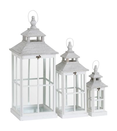 Set Of 3 White Window Style Lanterns With Open Top