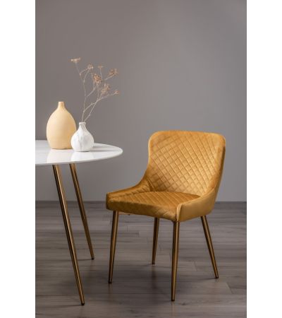 Francesca White Marble Effect Tempered Glass 4 Seater Dining Table & 4 Cezanne Mustard Velvet Fabric Chairs with Matt Gold Plated Legs - Style Our Home