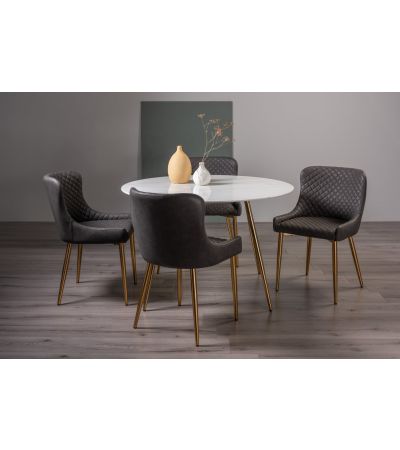 Francesca White Marble Effect Tempered Glass 4 Seater Dining Table & 4 Cezanne Dark Grey Faux Leather Chairs with Matt Gold Plated Legs - Style Our Home