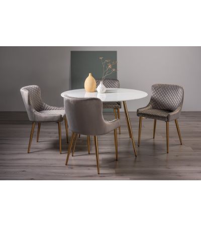 Francesca White Marble Effect Tempered Glass 4 Seater Dining Table & 4 Cezanne Grey Velvet Fabric Chairs with Matt Gold Plated Legs - Style Our Home