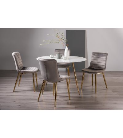 Francesca White Marble Effect Tempered Glass 4 seater Dining Table & 4 Rothko Grey Velvet Fabric Chairs with Matt Gold Plated Legs - Style Our Home