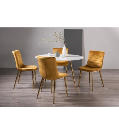 Francesca White Marble Effect Tempered Glass 4 Seater Dining Table & 4 Rothko Mustard Velvet Fabric Chairs with Matt Gold Plated Legs - Style Our Home