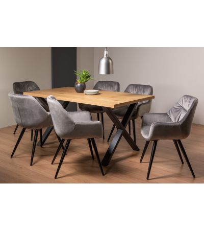 Ramsay Oak Melamine 6 Seater Table - X Leg & 6 Dali Grey Velvet Chairs by Bentley Designs | Style Our Home