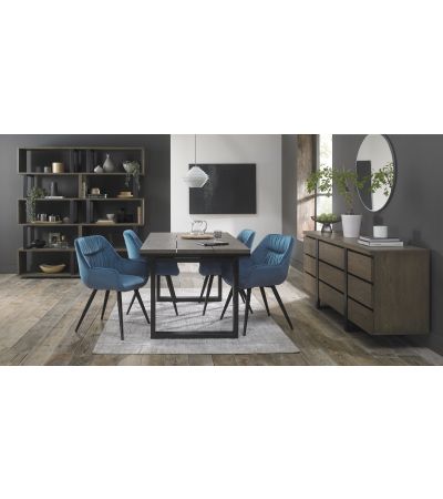 Tivoli Weathered Oak 4-6 Seater Table & 4 Dali Petrol Blue Velvet Chairs by Bentley Designs | Style Our Home