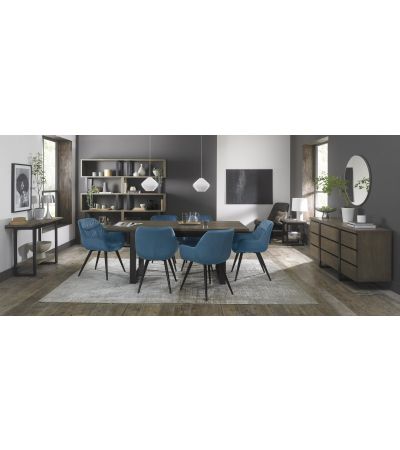 Tivoli Weathered Oak 6-8 Seater Table & 6 Dali Petrol Blue Velvet Chairs by Bentley Designs | Style Our Home
