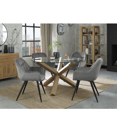 Turin Glass 4 Seater Table - Light Oak Legs & 4 Dali Grey Velvet Chairs by Bentley Designs | Style Our Home