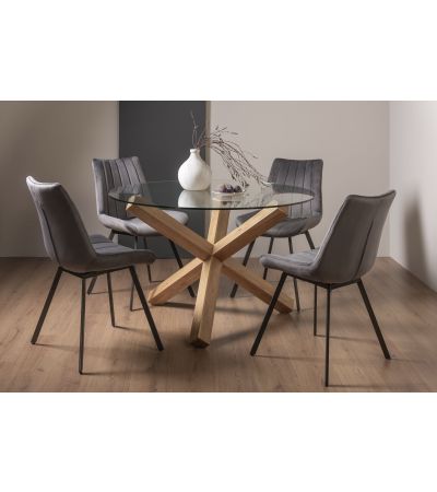 Turin Glass 4 Seater Table - Light Oak Legs & 4 Fontana Grey Velvet Chairs by Bentley Designs | Style Our Home
