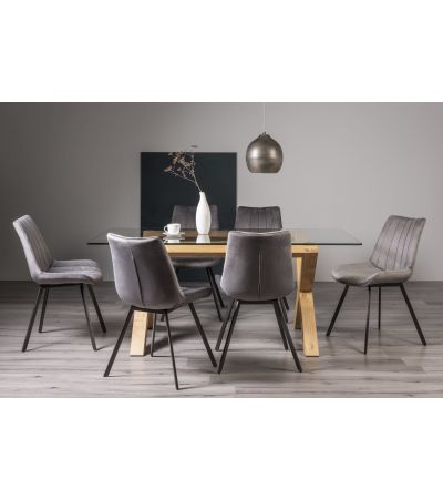 Turin Glass 6 Seater Table - Light Oak Legs & 6 Fontana Grey Velvet Chairs by Bentley Designs | Style Our Home