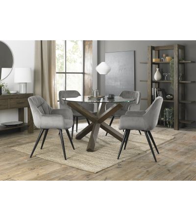 Turin Glass 4 Seater Table - Dark Oak Legs & 4 Dali Grey Velvet Chairs by Bentley Designs | Style Our Home