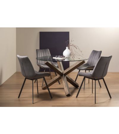 Turin Glass 4 Seater Table - Dark Oak Legs & 4 Fontana Grey Velvet Chairs by Bentley Designs | Style Our Home