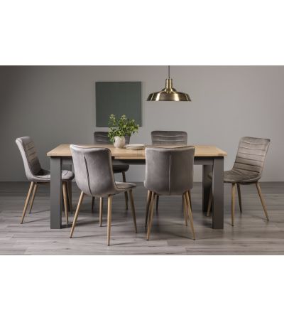 Oakham Scandi Oak 6-8 Seater Table - Dark Grey Legs & 6 Eriksen Grey Velvet Chairs by Bentley Designs | Style Our Home