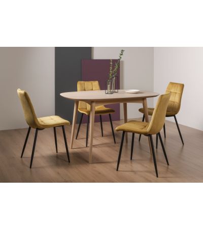 Dansk Scandi Oak 4 Seater Dining Table & 4 Mondrian Mustard Velvet Fabric Chairs with Sand Black Powder Coated Legs - Style Our Home
