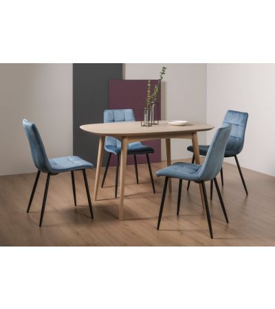 Dansk Scandi Oak 4 Seater Dining Table & 4 Mondrian Petrol Blue Velvet Fabric Chairs with Sand Black Powder Coated Legs - Style Our Home