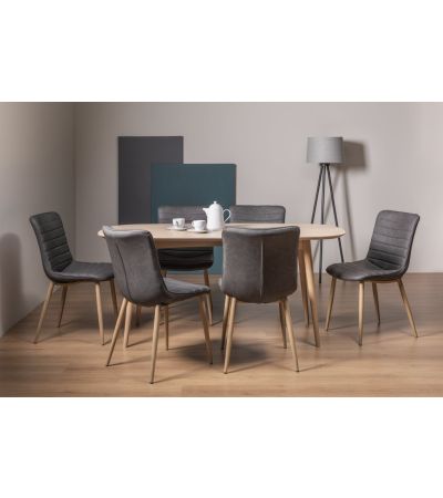 Dansk Scandi Oak 6 Seater Dining Table & 6 Eriksen Dark Grey Faux Leather Chairs with Grey Rustic Oak Effect Legs - Style Our Home