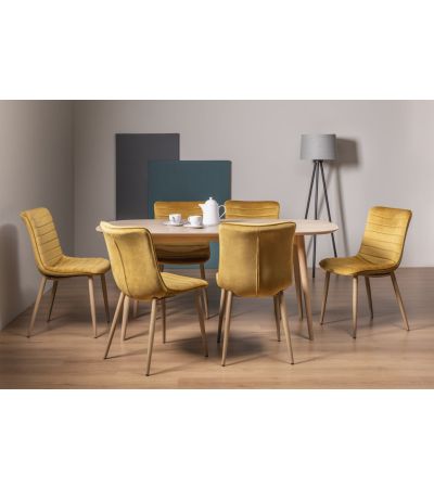 Dansk Scandi Oak 6 Seater Dining Table & 6 Eriksen Mustard Velvet Fabric Chairs with Grey Rustic Oak Effect Legs - Style Our Home