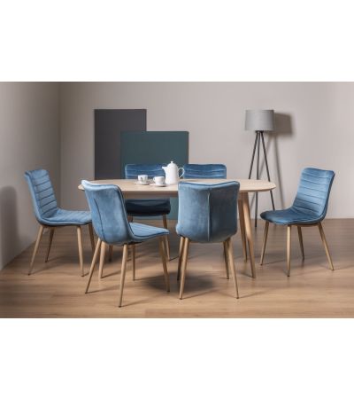 Dansk Scandi Oak 6 Seater Dining Table & 6 Eriksen Petrol Blue Velvet Fabric Chairs with Grey Rustic Oak Effect Legs - Style Our Home