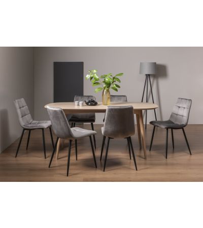 Dansk Scandi Oak 6 Seater Dining Table & 6 Mondrian Grey Velvet Fabric Chairs with Sand Black Powder Coated Legs - Style Our Home