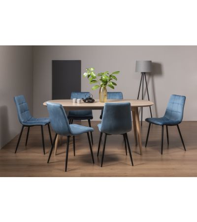 Dansk Scandi Oak 6 Seater Dining Table & 6 Mondrian Petrol Blue Velvet Fabric Chairs with Sand Black Powder Coated Legs - Style Our Home
