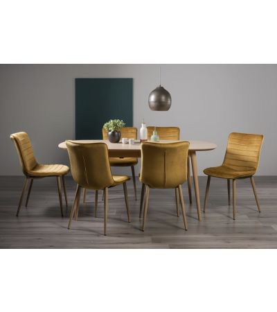 Dansk Scandi Oak 6-8 Seater Dining Table & 6 Eriksen Mustard Velvet Fabric Chairs with Grey Rustic Oak Effect Legs