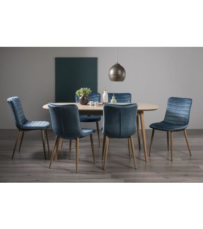 Dansk Scandi Oak 6-8 Seater Dining Table & 6 Eriksen Petrol Blue Velvet Fabric Chairs with Grey Rustic Oak Effect Legs - Style Our Home