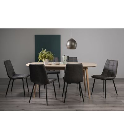 Dansk Scandi Oak 6-8 Seater Dining Table & 6 Mondrian Dark Grey Faux Leather Chairs with Sand Black Powder Coated Legs - Style Our Home