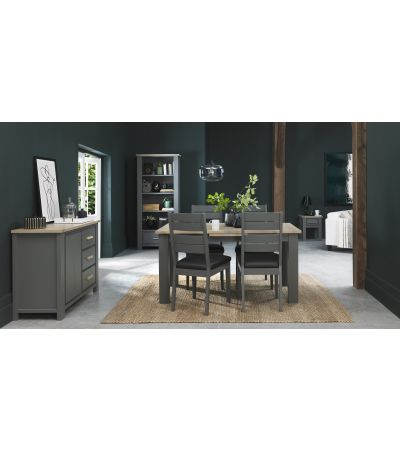 Oakham Dark Grey & Scandi 4-6 Seater Table & 4 Dark Grey Chairs in Dark Grey Bonded Leather by Bentley Designs | Style Our Home