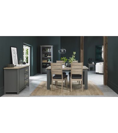 Oakham Dark Grey & Scandi 4-6 Seater Table & 4 Scandi Oak Chairs in Dark Grey Bonded Leather by Bentley Designs | Style Our Home