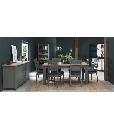 Oakham Dark Grey & Scandi 6-8 Seater Table & 6 Dark Grey Chairs in Dark Grey Bonded Leather by Bentley Designs | Style Our Home