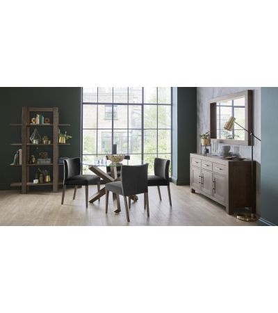 Turin Glass 4 Seater Table - Dark Oak Legs & 4 Low Back Chairs in Gun Metal Velvet by Bentley Designs | Style Our Home