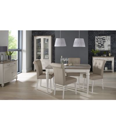 Montreux Grey Washed Oak & Soft Grey 4-6 Seater Table & 4 Upholstered Chairs in Grey Bonded Leather by Bentley Designs | Style Our Home