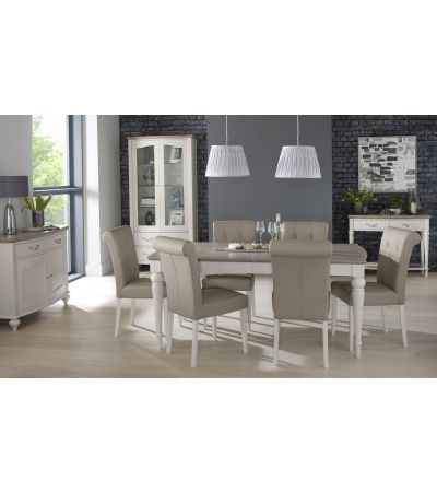 Montreux Grey Washed Oak & Soft Grey 6-8 Seater Table & 6 Upholstered Chairs in Grey Bonded Leather by Bentley Designs | Style Our Home