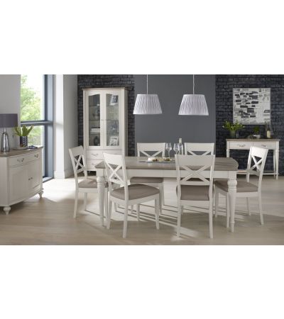 Montreux Grey Washed Oak & Soft Grey 6-8 Seater Table & 6 X Back Chairs in Grey Bonded Leather by Bentley Designs | Style Our Home