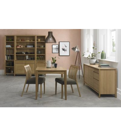 Bergen Oak 2-4 Seater Table & 2 Low Slat Back Chairs in Black Gold Fabric by Bentley Designs | Style Our Home