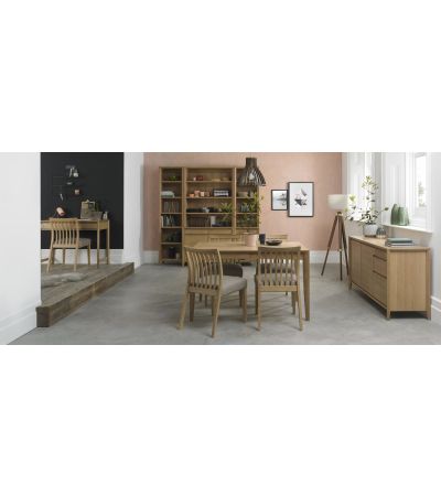 Bergen Oak 4-6 Seater Table & 4 Low Slat Back Chairs in Grey Bonded Leather by Bentley Designs | Style Our Home