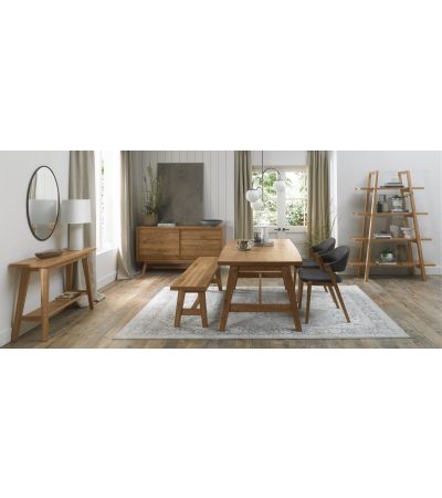 Camden Rustic Oak 4-6 Seater Table & 2 Side Chairs in Dark Grey Fabric & Small Bench by Bentley Designs | Style Our Home