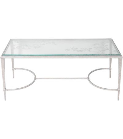 Laura Ashley Aria Etched Glass Distressed White Iron Coffee Table by Libra Designs | Style Our Home
