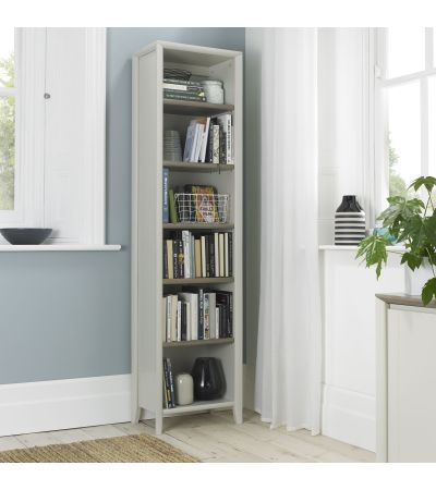 Bergen Grey Washed Oak & Soft Grey Narrow Bookcase - Style Our Home