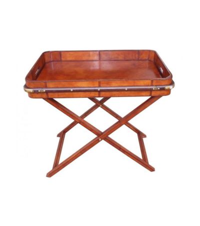 Campaign Leather Collection Brass Butlet Tray with Stand - Cognac | Style Our Home