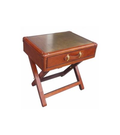 Campaign Leather Collection Brass Side Table with Brass Top - Cogn | Style Our Home