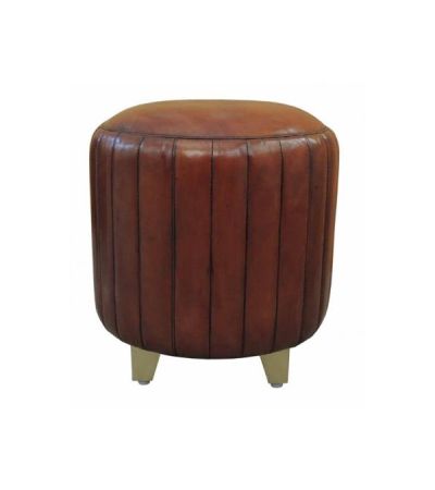 Campaign Leather Collection Brass Ribbed Pouf - Cognac | Style Our Home