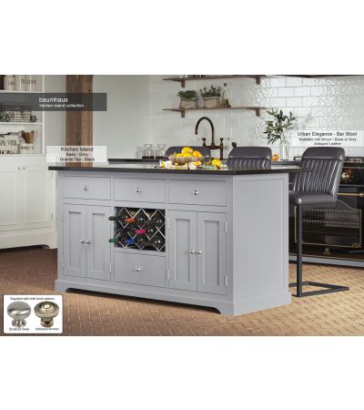 Grey Kitchen Island With Black Granite Top