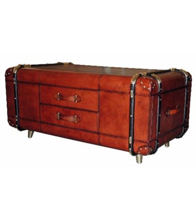 Campaign Leather Collection Brass Coffee Table with Drawers | Style Our Home