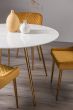 Francesca White Marble Effect Tempered Glass 4 Seater Dining Table & 4 Cezanne Mustard Velvet Fabric Chairs with Matt Gold Plated Legs - Style Our Home