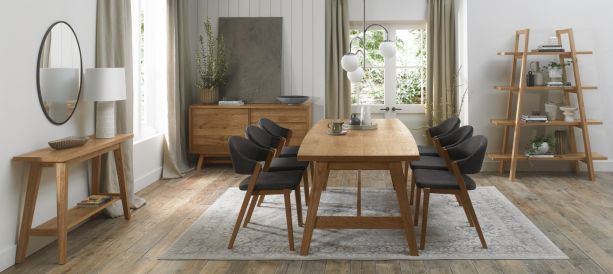 Camden Rustic Oak 6-8 Seater Table & 6 Side Chairs in Dark Grey Fabric by Bentley Designs | Style Our Home