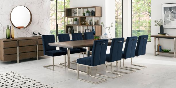 Tivoli Dark Oak 6-8 Seater Table & 8 Cantilever Chairs in Dark Blue Velvet by Bentley Designs | Style Our Home
