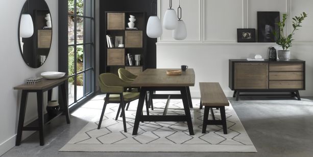 Camden Weathered Oak 4-6 Seater Table & 2 Arm Chairs in Cedar Velvet & Small Bench by Bentley Designs | Style Our Home