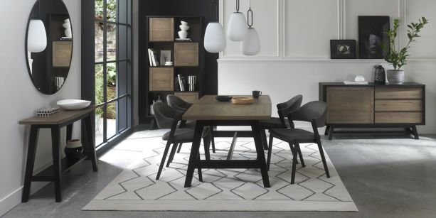 Camden Weathered Oak 4-6 Seater Table & 4 Side Chairs in Dark Grey Fabric by Bentley Designs | Style Our Home